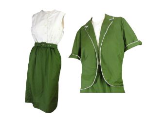 Vintage 60s Dress and Jacket Spring Summer Outfit Green & Cream Cotton by California Girl | M
