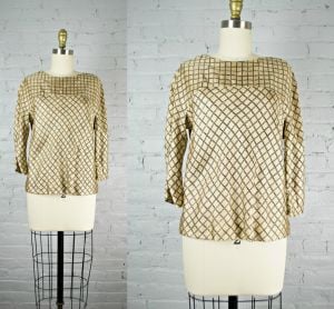 1950s silk beige and black blouse . vintage 50s style top . small