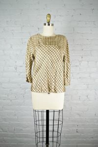 1950s silk beige and black blouse . vintage 50s style top . small - Fashionconstellate.com