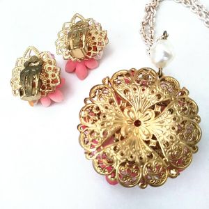 1950s W Germany Pink Purple White Plastic Flower Earring Necklace Set - Fashionconstellate.com