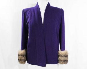 Size 10 1930s Purple Swing Jacket with Fur Cuffs - 30s 40s Movie Star Style Topper Coat with Pockets