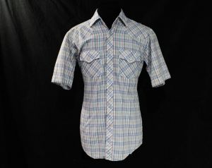 Small Men's Western Shirt - 1970s Rockabilly Cowboy Mens Top - Short Sleeved Blue Maroon White Plaid