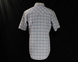 Small Men's Western Shirt - 1970s Rockabilly Cowboy Mens Top - Short Sleeved Blue Maroon White Plaid - Fashionconstellate.com