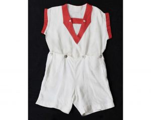 Girls 1930s Romper - Size 5 Authentic 30s Linen Play Outfit - Red & White Girl's Short Sleeve Summer