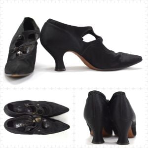 1910s Black Silk Satin Antique Edwardian High End Heels by Laird and Schober | 6.5 Extra Narrow