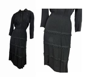 Vintage 1950s Black Sheath Dress Rayon, Ball Fringe Trim ''Styled by Saeson''