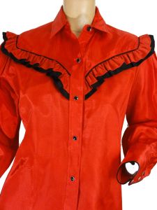 Vintage 1970s Western Shirt Red & Black Cowgirl Blouse Ruffles Snaps Long Sleeve by Karman | S/M - Fashionconstellate.com