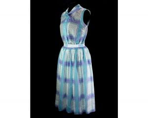 Size 6 1950s Summer Dress - Turquoise & Purple Sleeveless Top with Full Skirt - Sheer Cotton Gauze - Fashionconstellate.com