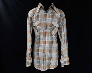 Men's Large Levi's Western Shirt - Long Sleeve Cowboy Shirt - 1970s 80s Tan Orange Rust Green Plaid 