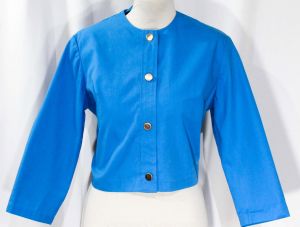 Size 12 Blue Shirt - 1960s Cotton Blend Tailored Blouse with Brassy Buttons - 3/4 Sleeve Top 