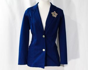 Size 12 Navy Polyester Jacket & Gypsy Style Brooch - 1970s Dark Blue Suit Blazer - Hand Painted - Fashionconstellate.com