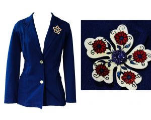 Size 12 Navy Polyester Jacket & Gypsy Style Brooch - 1970s Dark Blue Suit Blazer - Hand Painted