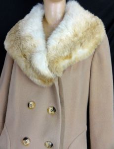 1970s Short Coat Vintage Camel Wool Rabbit Fur Collar Boho Hippie Double Breasted by Alorna - Fashionconstellate.com