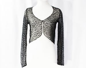Size 4 1930s Lace Jacket - Authentic 30s Black Art Deco Bubbles Pattern Net - Long Sleeved Sheer 