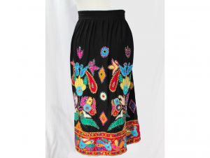 XL 1980s Bohemian Skirt - Black Boho Hippie Plus Size with Vivid Appliques Sequins & Mirrors - 80s 