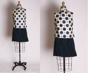 1960s White Blue and Green Oversized Polka Dot Sequin Blouse and Velvet Mini Skirt Suit Outfit - XS
