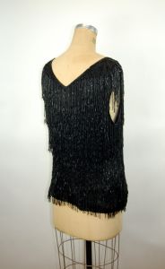 1980s beaded fringed top black flapper style Joseph Ribkoff fancy top Size M - Fashionconstellate.com