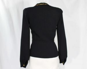 Size 6 1940s Blouse - Chic Black Crepe with Gold Sequined Emblem - WWII Era 40s Rayon Long Sleeved  - Fashionconstellate.com