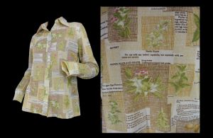 Vintage 70s Blouse Sheer Green Novelty Print Shirt Herbs & Recipes Boho Hippie by Ship 'n Shore | L