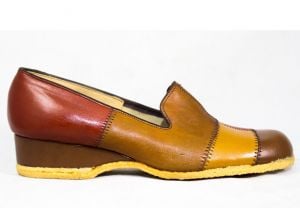 Size 7.5 1970s Platform Shoes - Rust Gold & Brown Hippie 1960s Patchwork Leather Shoe - Unworn 7.5  - Fashionconstellate.com