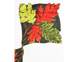 Autumn Leaves Silk Scarf - Fall Novelty Print Leaf Squares - Red Olive Spinach Chartreuse Green  - Fashionconstellate.com