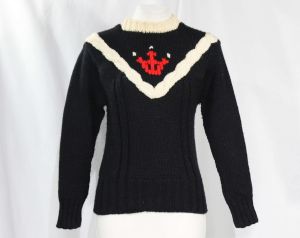 Size Small 1940s Nautical Sweater - WWII Era Black Knit 40s Pullover with Red Anchor Motif 