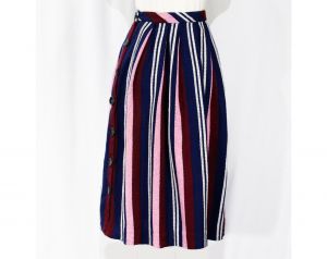 Size 8 1950s Folk Style Full Skirt - Artisan Style Pleated Cotton - Navy Blue Burgundy Pink & White  - Fashionconstellate.com