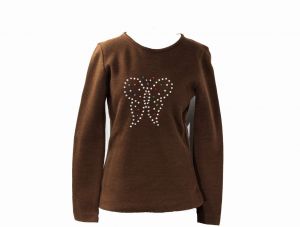 Size 12 Child's Hippie Shirt - Rhinestone Butterfly 1960s 70s Top - Long Sleeved Brown Knit Casual S