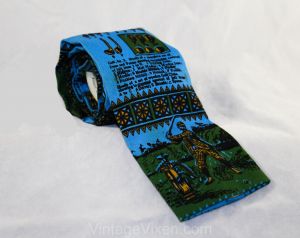 1960s Square End Tie - Antique Golf Theme Mens 60s Novelty Print Necktie by Rooster Ties 