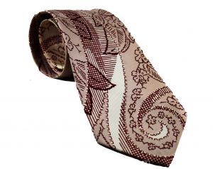 1940s Men's Tie - Paisley Floral Swirls Novelty Print - 40s Hepcat Hipster Necktie - Maroon Burgundy