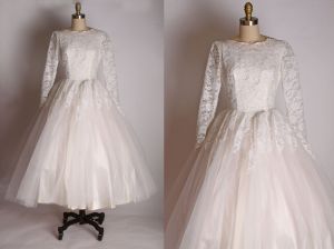 1950s White Cupcake Portrait Neckline Ankle Length Lace Sleeved Wedding Dress - XS