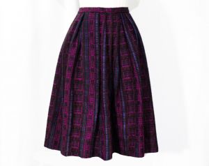 XXS 1950s Pleated Skirt - Folk Style Purple Red & Black Tweedy Wool Stripes - Size 2 Winter Full 
