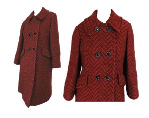 1960s Double Breasted Coat Red & Black Herringbone Wool by Designer Label Betty Rose | S/M