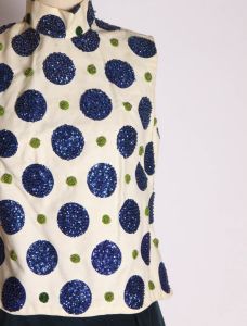1960s White Blue and Green Oversized Polka Dot Sequin Blouse and Velvet Mini Skirt Suit Outfit - XS - Fashionconstellate.com