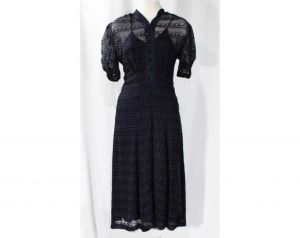 Size 8 1930s Dress - Sheer Navy Blue Voile with Scalloped Embroidery - Authentic 30s 
