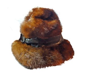 Mink Vintage 1960s Hat Mod Dark Brown Genuine Fur Leather Bow Trim Winter Hat