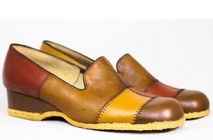 Size 7.5 1970s Platform Shoes - Rust Gold & Brown Hippie 1960s Patchwork Leather Shoe - Unworn 7.5 