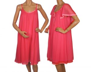 Vintage 1960s Nightgown and  Peignoir -  Shocking Pink Nylon by Louis Jean - Size M