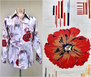 Vintage 1970s Boho Ivory Floral Shirt, 70s Surreal Print Disco Shirt, Long Sleeve Dress Shirt Medium
