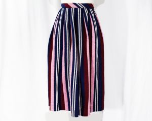 Size 8 1950s Folk Style Full Skirt - Artisan Style Pleated Cotton - Navy Blue Burgundy Pink & White 