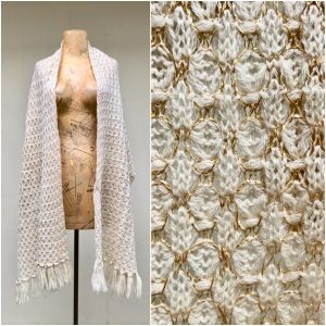 Vintage 1950s Ivory Wool Gold Lurex Crochet Shawl, 50s Fringed Knit Stole Mid-Century Hand-Knit Wrap