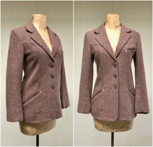 Vintage 1960s Western Jacket, 60s Brown Wool Herringbone Fitted Blazer, Princess Seaming, Small 34