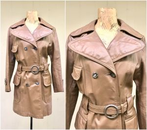 Vintage 1970s Brown Leather Trench Coat, 70s Double-Breasted Huge Collar Super Fly Disco Coat Medium