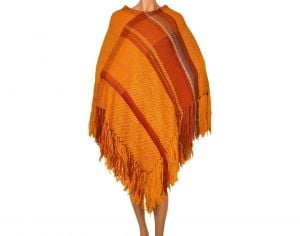 Vintage 1970s Orange Hand Loomed Wool Poncho Cape