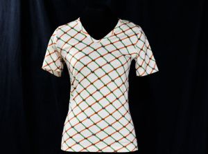 XXXS 1970s T Shirt - Khaki Lattice Print Geometric Cotton Jersey Knit Tee - Girls Size 10 to 12