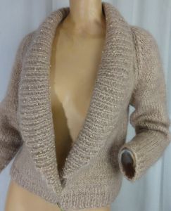 Vintage Mohair Cardigan 80s Sweater Beige Fluffy Faux Pearl Embellished Hand Knit Sweater - Fashionconstellate.com