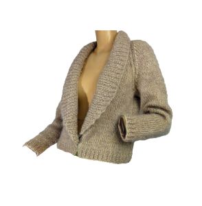Vintage Mohair Cardigan 80s Sweater Beige Fluffy Faux Pearl Embellished Hand Knit Sweater