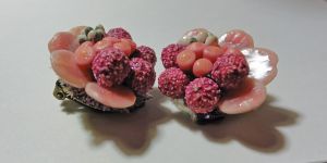 Fruit Salad Signed West Germany Early Plastic Beaded Pink Earrings, Vintage 50s Earrings, Clip On