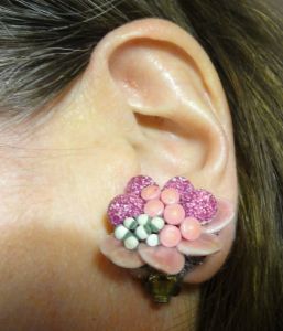 Fruit Salad Signed West Germany Early Plastic Beaded Pink Earrings, Vintage 50s Earrings, Clip On - Fashionconstellate.com