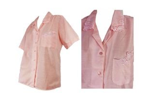 Lacy Pink Blouse Short Sleeves Vintage 80s Blouse Cotton Secretary Blouse Laura Mae | XL